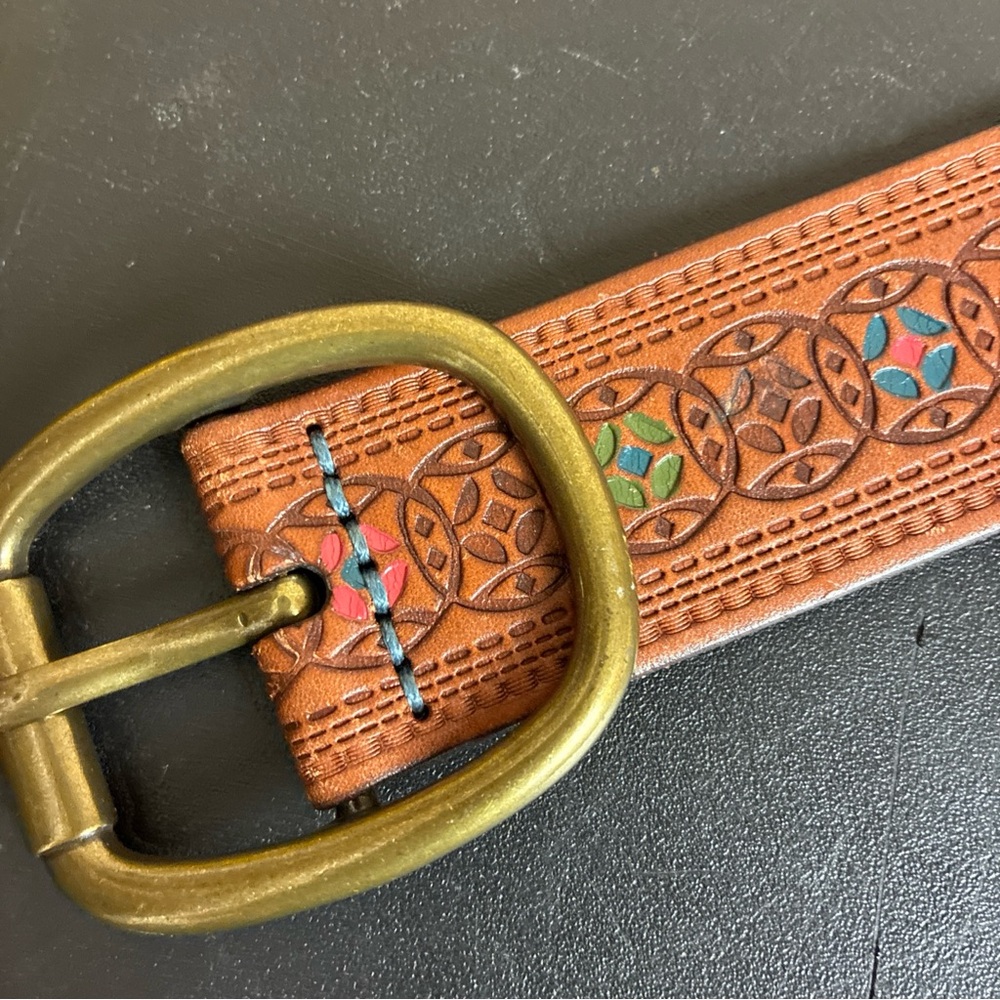 Fossil Brown Tooled Colorful Leather Belt Western Boho Y2K Size Small - Picture 15 of 16